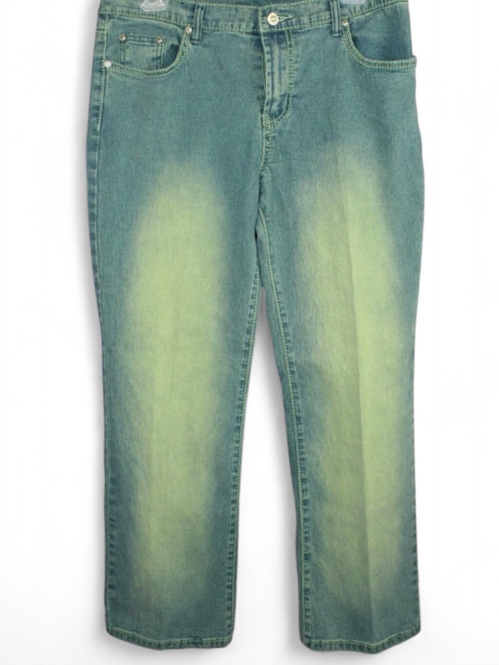 DG2 by Diane Gilman Green Stretch Jeans with Yellow Wash Embroidered Back Pocket